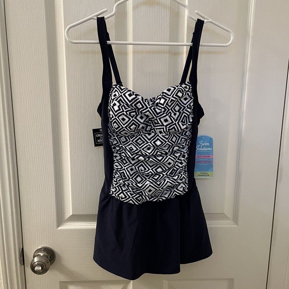 Swim Solutions Skirted Skater Swimsuit Swimdress Navy Blue Women's Size 8 NWT